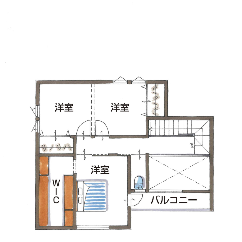 グランハウス 一級建築士事務所 【2000万円台/30坪台/4LDK/駐車場付/間取り図】敷地42坪の北東角地を生かし、明るさも動線も収納も凝縮！の間取り図（4LDK）2階