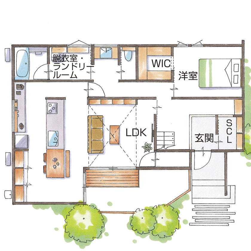 グランハウス 一級建築士事務所 【2000万円台/3LDK/間取り図/注文住宅】わが家の2階をオフィスに。吹抜けでON/OFFが繋がる、働きやすい家の間取り図（３LDK+２書斎）1階