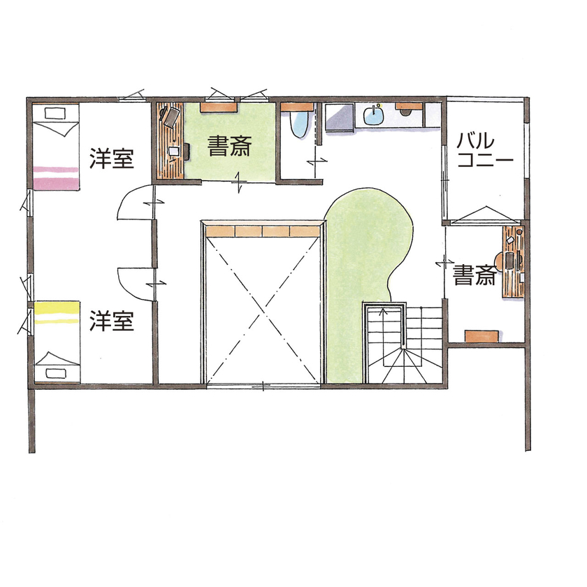 グランハウス 一級建築士事務所 【2000万円台/3LDK/間取り図/注文住宅】わが家の2階をオフィスに。吹抜けでON/OFFが繋がる、働きやすい家の間取り図（３LDK+２書斎）2階