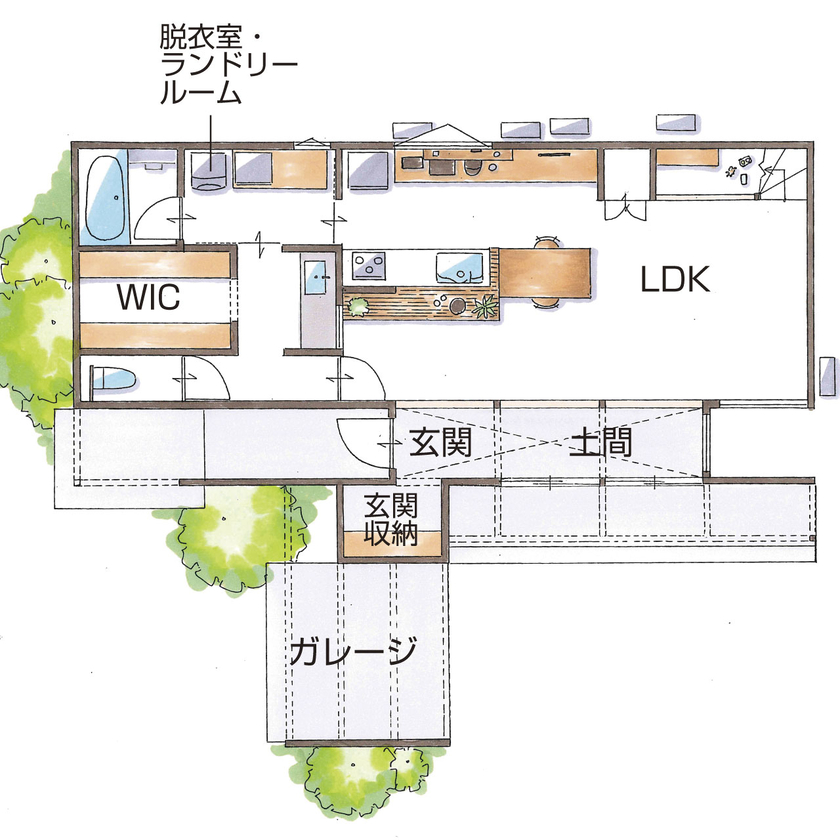 グランハウス 一級建築士事務所 【2000万円台/2階建て/3LDK/間取り図】キャンプのワクワク感を自宅でも楽しむ！土間のあるガレージハウスの間取り図（3LDK）1階