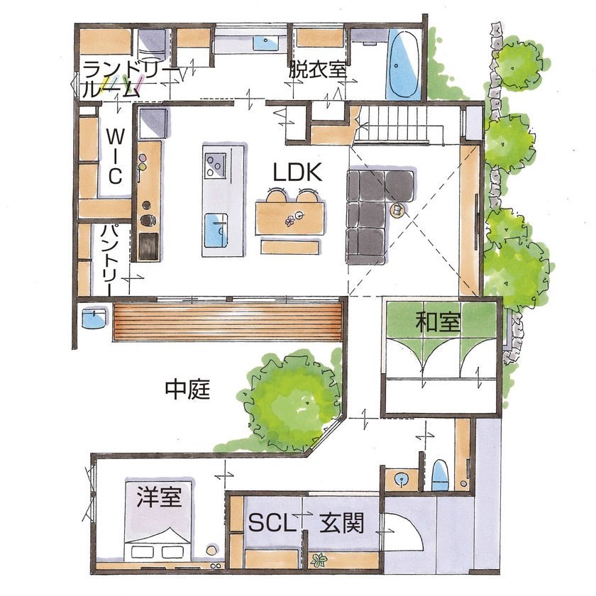 グランハウス 一級建築士事務所 【2000万円台/平屋風/注文住宅/間取り図】洗練されたグレーのBOXの家。コの字を描く平屋風で中庭を満喫の間取り図（4LDK）1階