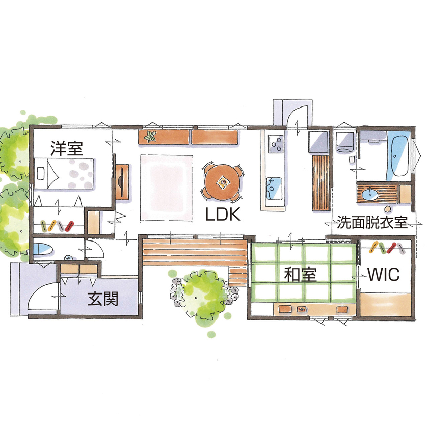 グランハウス 一級建築士事務所 【1000万円台/平屋/コの字/20坪台/間取り図】アンティーク家具が似合う平屋。和の坪庭を愛でて、旅の風情の間取り図（2LDK）１階