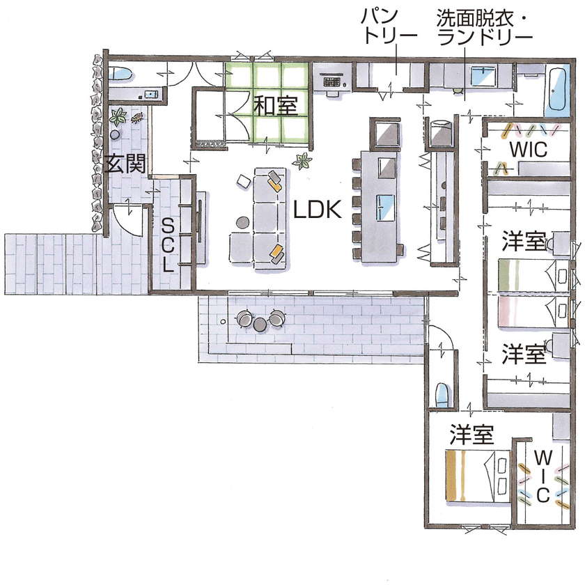 グランハウス 一級建築士事務所 【2000万円台/平屋/特注キッチン/40坪台/間取り図】白が輝くホテルライクな平屋。中庭で仲間とOFFタイムの間取り図（4LDK）1階