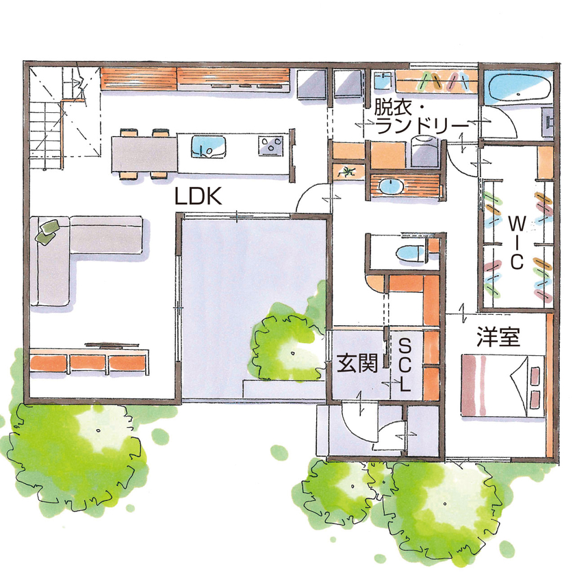 グランハウス 一級建築士事務所 【2000万円台/平屋風/中庭/30坪台/間取り図】陰影や動線に美意識が宿る、コの字の邸宅。視線の抜けも圧巻の間取り図（4LDK＋中庭）1階