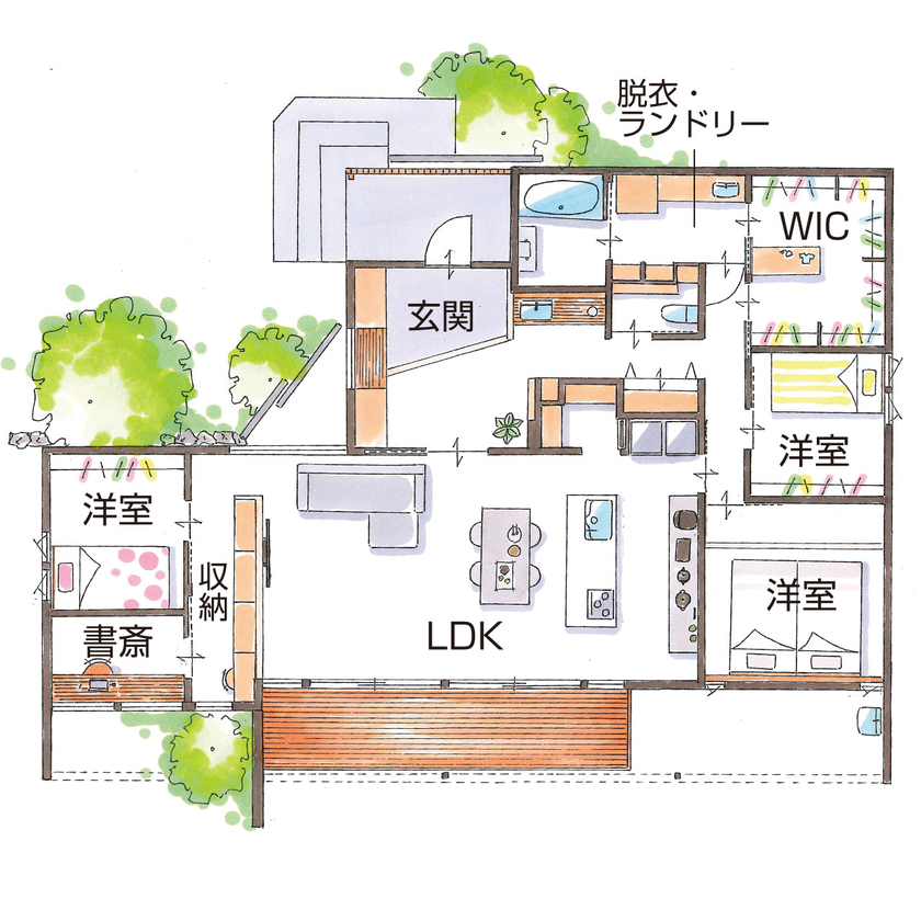 グランハウス 一級建築士事務所 【3000万円台/平屋/30坪台/間取り図】外との繋がりを生むオーセンティックな平屋。隠す収納で美しく暮らすの間取り図（３LDK＋書斎）1階
