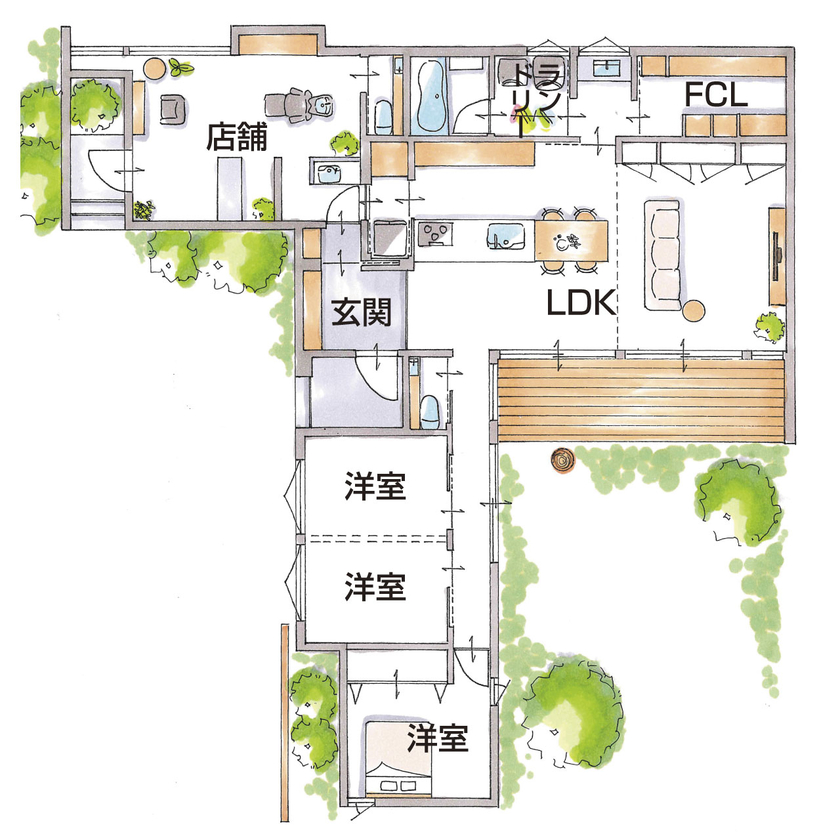 グランハウス 一級建築士事務所 【2000万円台/平屋/店舗併用住宅/間取り図】お店と自宅を賢く分けた凸型の平屋。中庭でアウトドア気分！の間取り図（３LDK＋店舗）1階