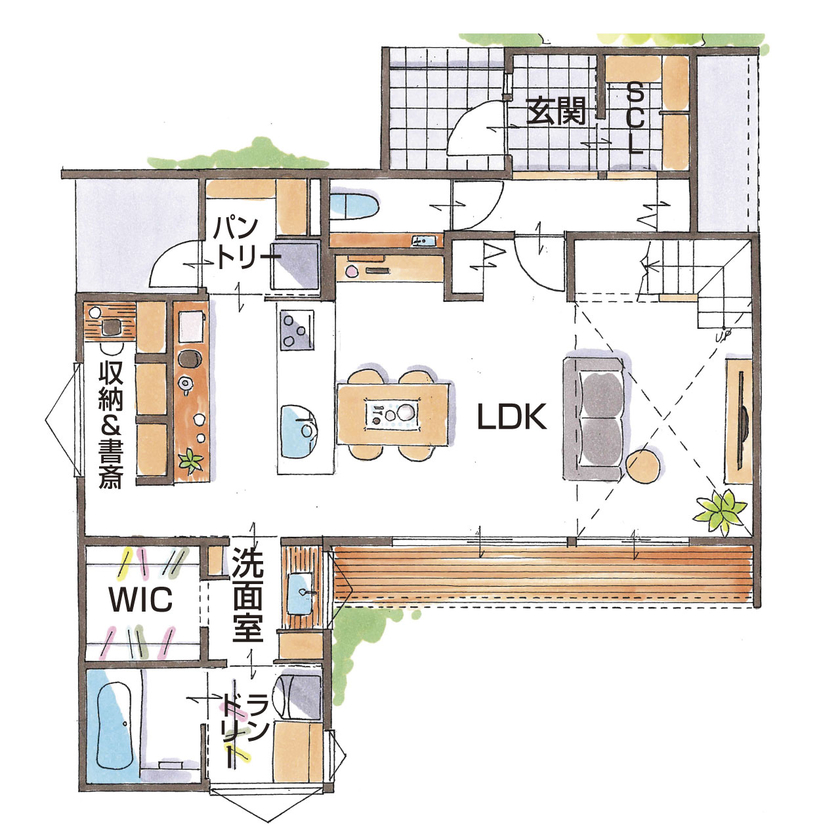 グランハウス 一級建築士事務所 【2000万円台/30坪台/3LDK/間取り図】吹抜けと直感的に片付く収納がうれしい。可愛いを加えたシンプルな家の間取り図（3LDK）1階