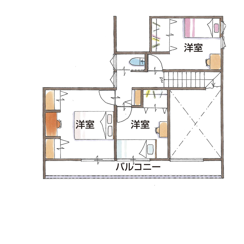 グランハウス 一級建築士事務所 【2000万円台/30坪台/3LDK/間取り図】吹抜けと直感的に片付く収納がうれしい。可愛いを加えたシンプルな家の間取り図（3LDK）2階