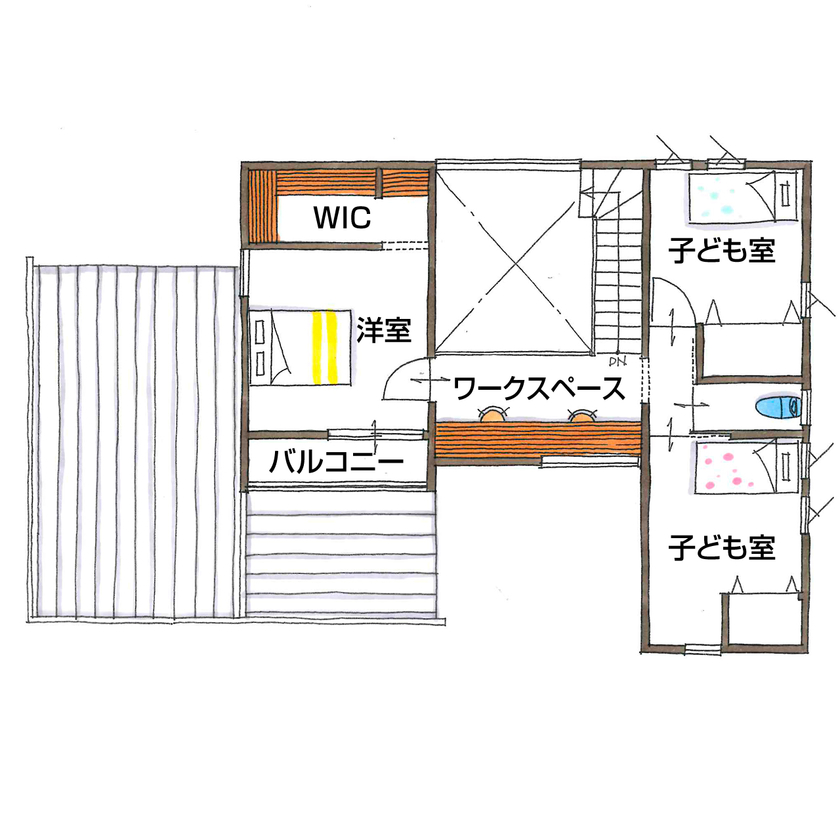 グランハウス 一級建築士事務所 【2000万円台/ビルトインガレージ/中庭/間取り図】吹抜けから自然光と気配が広がるバイクガレージのある家の間取り図（4LDK）2階