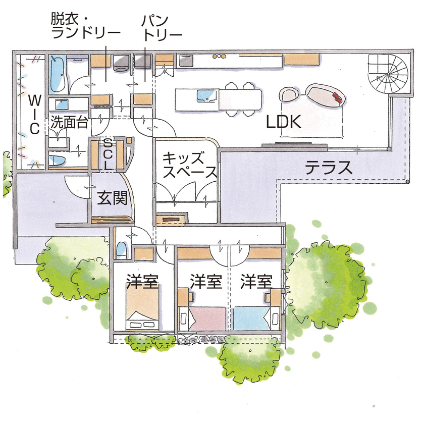 グランハウス 一級建築士事務所 【3000万円台/平屋/30坪台/間取り図】柔らかなRを描く天井やらせん階段。上品で美しい平屋に家事ラクを内包の間取り図（3LDK+ロフト）1階