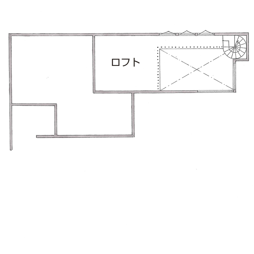 グランハウス 一級建築士事務所 【3000万円台/平屋/30坪台/間取り図】柔らかなRを描く天井やらせん階段。上品で美しい平屋に家事ラクを内包の間取り図（3LDK+ロフト）ロフト