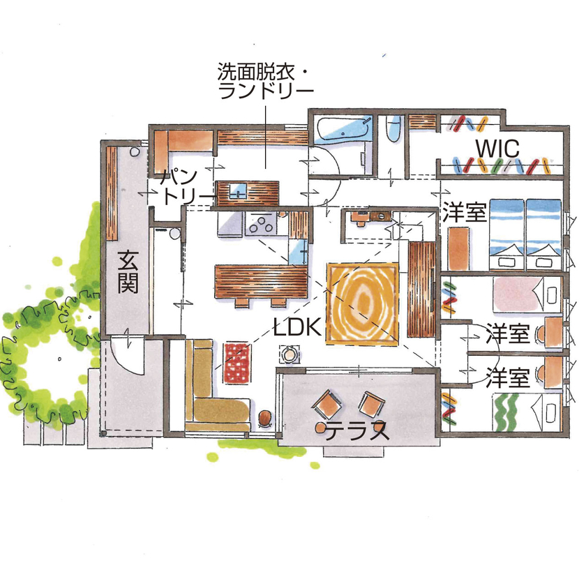 グランハウス 一級建築士事務所 【2000万円台/平屋/30坪台/間取り図】思い出をつなぐ平屋。２つのリビングやコの字キッチンで居心地抜群の間取り図（3LDK+ロフト）1階