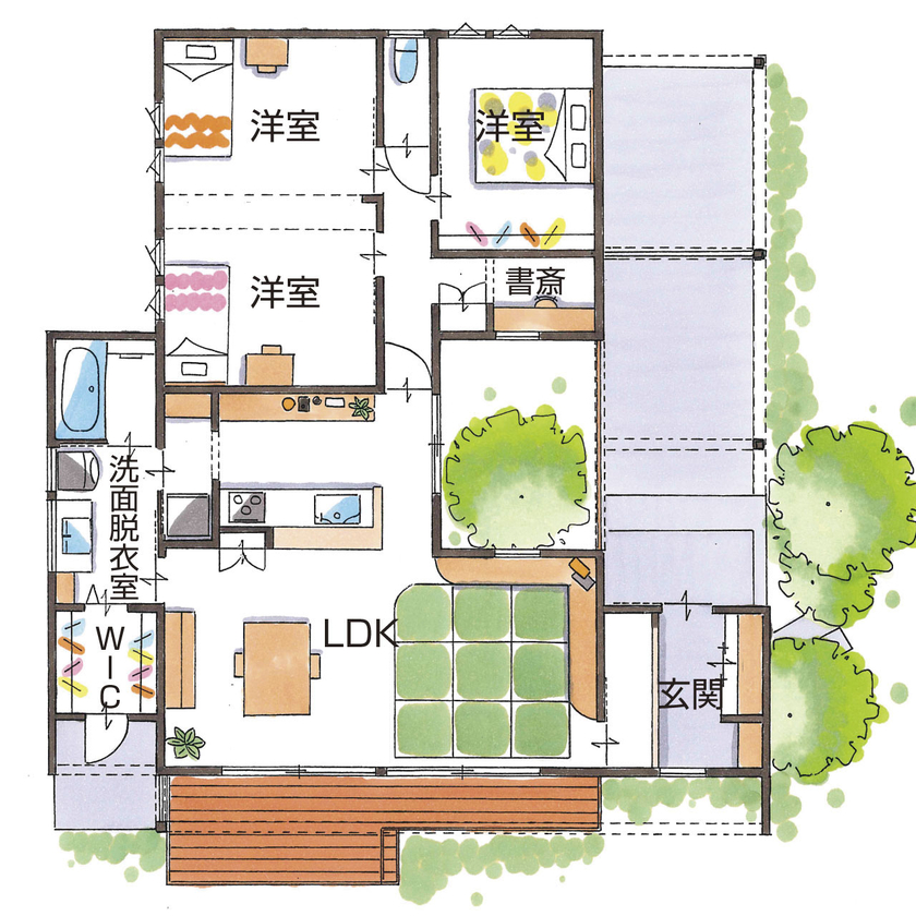 グランハウス 一級建築士事務所 【2000万円台/平屋/20坪台/間取り図】畳リビングのあるコの字の平屋。2つの庭で、室内に開放感＆季節感を！の間取り図（3LDK+書斎）1階