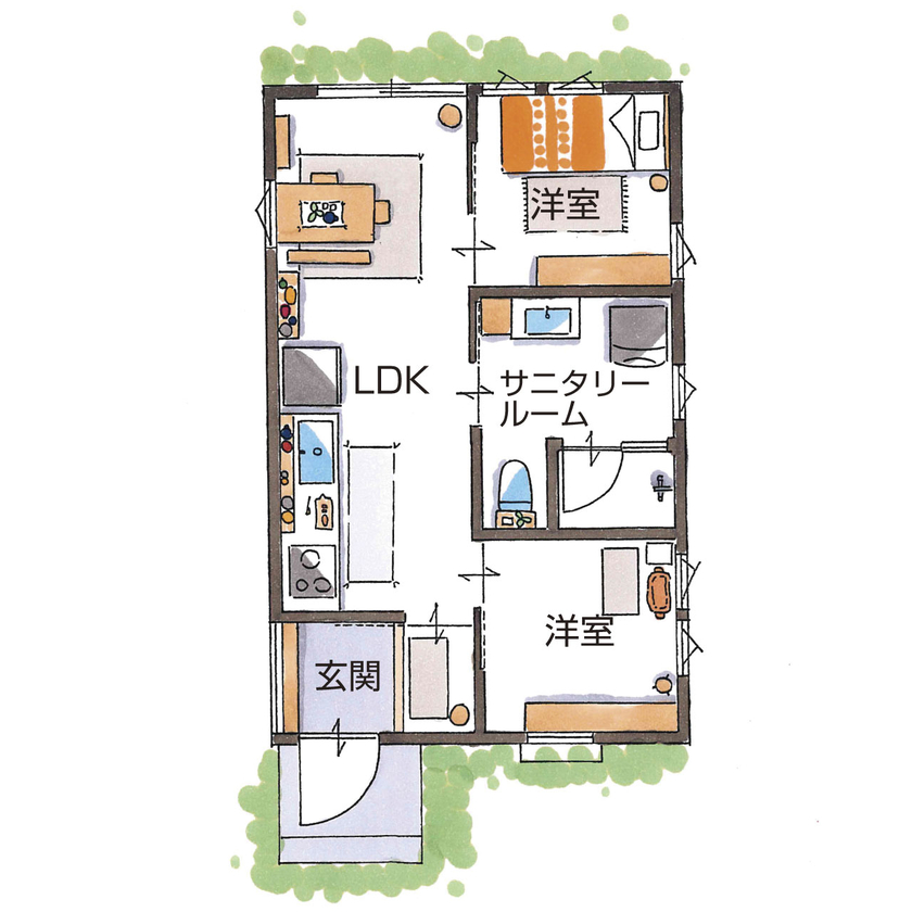 グランハウス 一級建築士事務所 【1000万円台/平屋/10坪台/間取り図】フィンランドに迷い込んだよう。北欧スタイルを楽しむ10坪の赤い平屋の間取り図（2LDK）1階