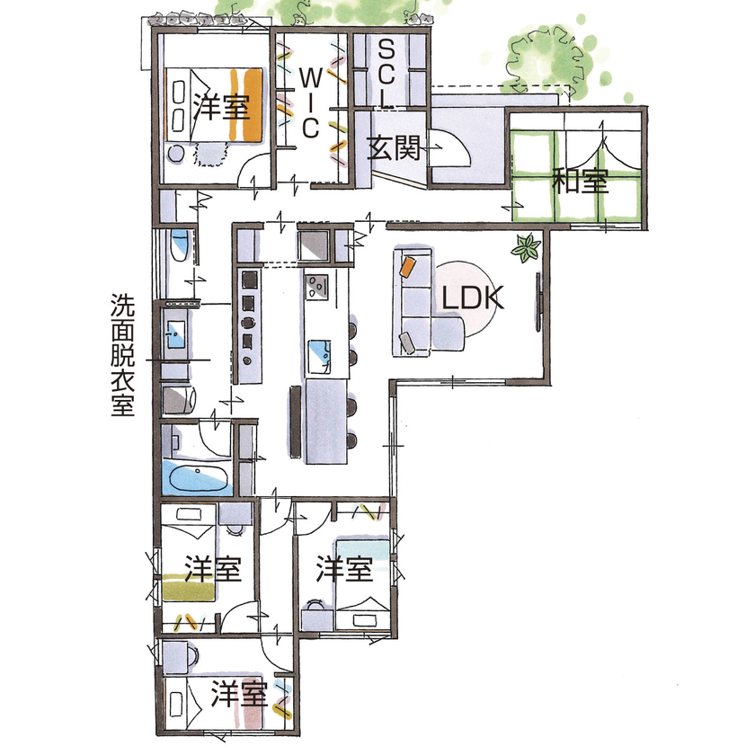 グランハウス 一級建築士事務所 【2000万円台/平屋/30坪台/間取り図】変形地を魅力に変えた、5LDKの平屋。曲線を描く石壁にゲストも驚く！の間取り図（5K以上）1階