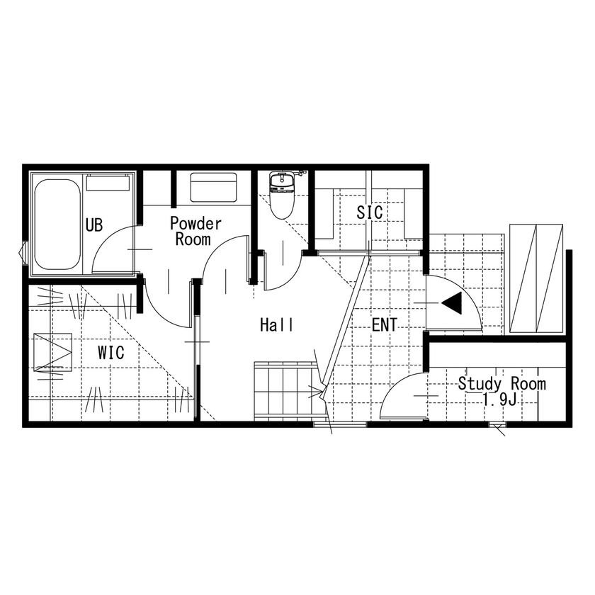 MD studio. 建築士とつくる家 【17坪/3階建て/間取り図】17坪でも鉄骨階段とホール設計で開放感を実現。「洗う・乾かす・しまう」も完結の間取り図（3LDK）1階