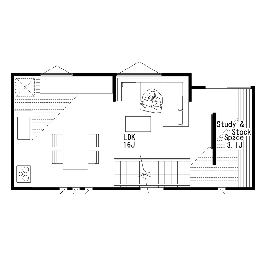 MD studio. 建築士とつくる家 【17坪/3階建て/間取り図】17坪でも鉄骨階段とホール設計で開放感を実現。「洗う・乾かす・しまう」も完結の間取り図（3LDK）2階