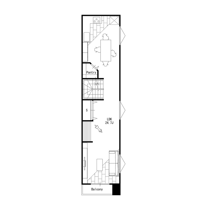 MD studio. 建築士とつくる家 【狭小地/3階建て/間取り図/ガレージ】21坪でも3階LDK+高天井+ルーフバルコニーで、仲間と集う開放感を実現の間取り図（2LDK＋書斎）3階