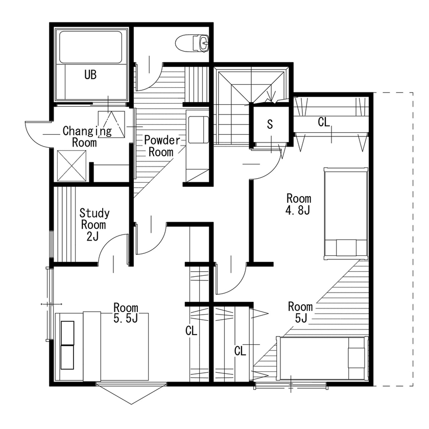 MD studio. 建築士とつくる家 【2階リビング/間取り図/変形地】高台の眺望を活かす窓とルーフバルコニーで、富士山と趣味を楽しむ暮らしの間取り図（3LDK＋書斎）1階