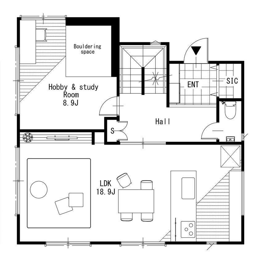 MD studio. 建築士とつくる家 【2階リビング/間取り図/変形地】高台の眺望を活かす窓とルーフバルコニーで、富士山と趣味を楽しむ暮らしの間取り図（3LDK＋書斎）2階