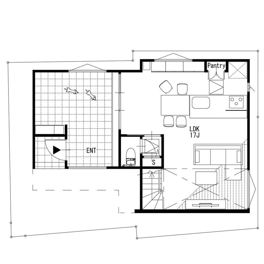 MD studio. 建築士とつくる家 【ペット/23坪/間取り図/狭小地】玄関兼用の広々土間と吹抜け設計が、愛犬と開放的に暮らす毎日を実現の間取り図（3LDK）1階