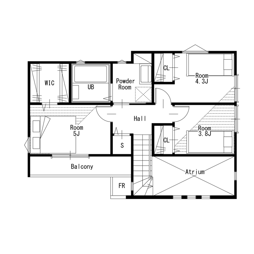 MD studio. 建築士とつくる家 【ペット/23坪/間取り図/狭小地】玄関兼用の広々土間と吹抜け設計が、愛犬と開放的に暮らす毎日を実現の間取り図（3LDK）2階