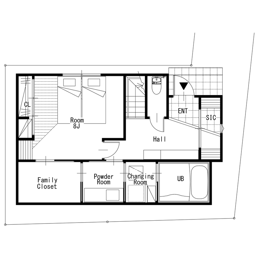 MD studio. 建築士とつくる家 【27坪/旗竿地/2階リビング/間取り図】高台の眺望を取り込む吹抜け窓と、家事ラクな回遊動線で快適な暮らしの間取り図（3LDK+WIC+書斎）1階