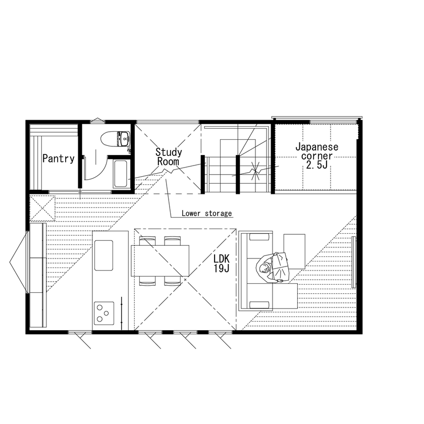 MD studio. 建築士とつくる家 【27坪/旗竿地/2階リビング/間取り図】高台の眺望を取り込む吹抜け窓と、家事ラクな回遊動線で快適な暮らしの間取り図（3LDK+WIC+書斎）2階