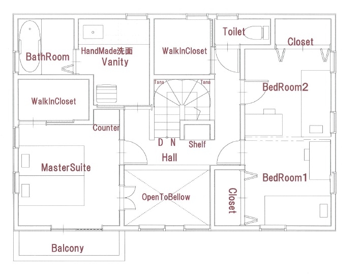  デザインハウス・エフ 【間取り有/1000万円台】《カバードポーチ/吹き抜けのある住まい》南欧テイストのかわいいお家の間取り図（4LDK）２階