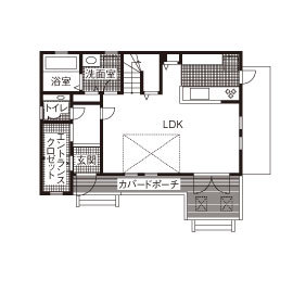  デザインハウス・エフ 【1000万円台/20坪台/間取り図】ウッドデッキでアウトドア気分も味わえる。爽やかなカリフォルニアスタイルの間取り図（3LDK）1階