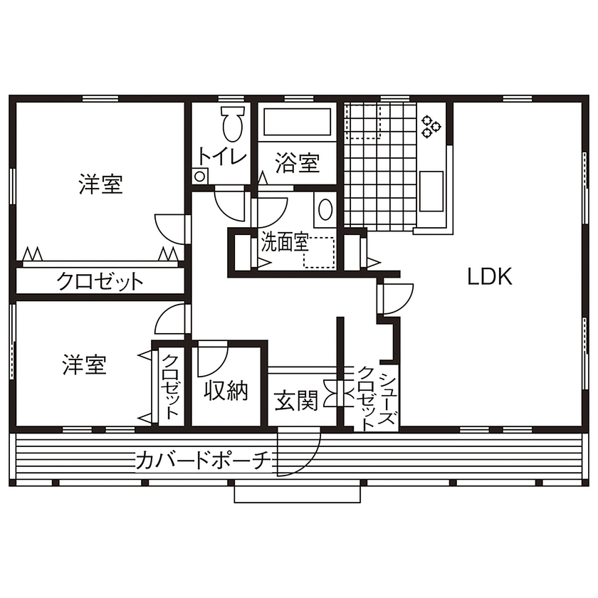  デザインハウス・エフ 【間取り有/1000万円台/平屋の家】コンパクトで開放的なオールドハワイアンスタイルのフラットハウスの間取り図（2LDK）1階