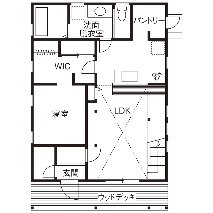  デザインハウス・エフ 【1000万円台/20坪台/間取り図】片流れ屋根に吹き抜けのLDK。平屋のようなアメリカン・アウトドアハウスの間取り図（3LDK+W+ECL）1階