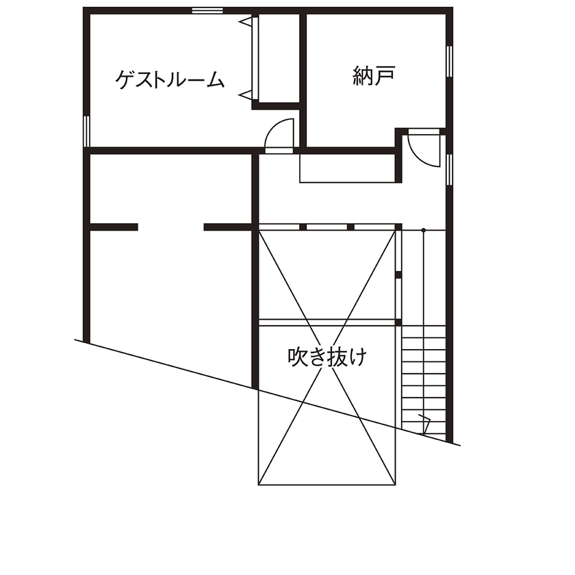  デザインハウス・エフ 【1000万円台/20坪台/間取り図】片流れ屋根に吹き抜けのLDK。平屋のようなアメリカン・アウトドアハウスの間取り図（3LDK+W+ECL）2階