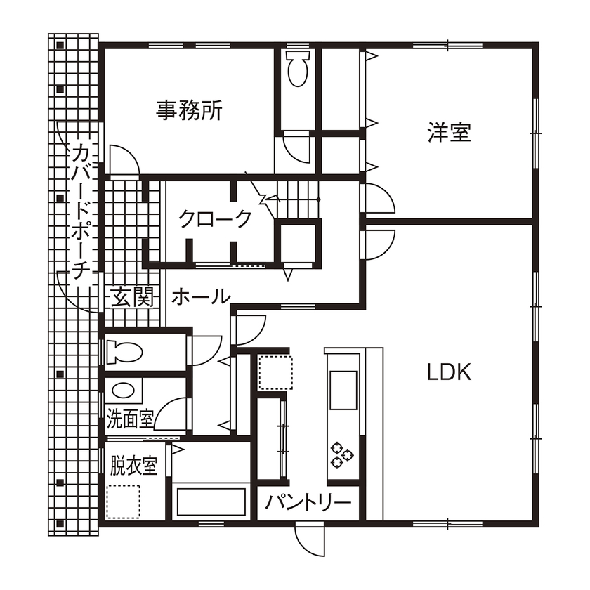 デザインハウス・エフ 【2000万円台/間取り図/店舗併用/二世帯住宅】ラップサイディング カバードポーチが映えるアメリカンハウスの間取り図（5K以上）1階