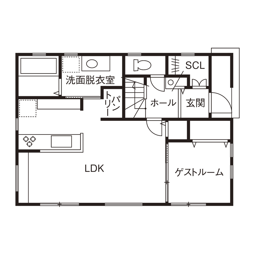  デザインハウス・エフ 【1000万円台/30坪台/間取り図】ペットと楽しく暮らせる、開放的なアメリカンハウスの間取り図（4LDK）1階