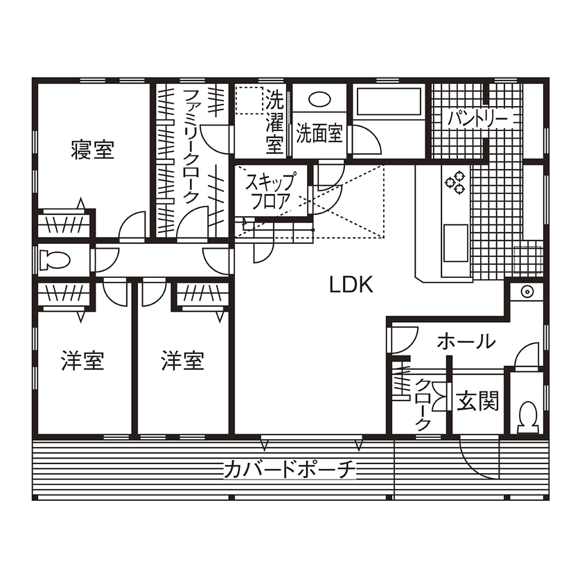  デザインハウス・エフ 【1500万～1999万円・間取りあり】憧れがカタチになった、おうち時間を満喫できる平屋のアメリカンハウスの間取り図（3LDK）1階