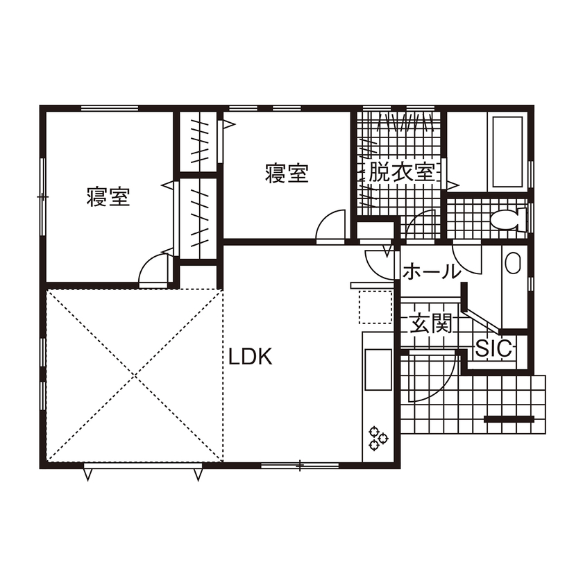  デザインハウス・エフ 【1000万円台/20坪台/平屋/間取り図】爽やかなブルーが印象的。ナチュラルテイストのアメリカンハウスの間取り図（2LDK）1階