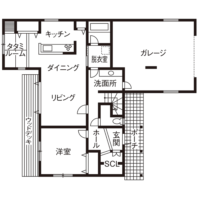  デザインハウス・エフ 【2000万円台/40坪台/ガレージ/間取り図】昔観た映画のような、ビルトインガレージ付きアメリカンハウスの間取り図（4LDK）1階