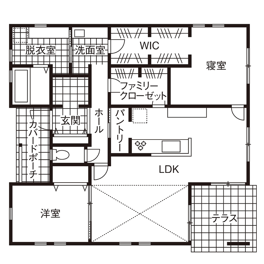  デザインハウス・エフ 【1000万円台/20坪台/吹き抜け/間取り図】先進の設備を備えた、お洒落なアーリーアメリカンスタイルの平屋の間取り図（2LDK）1階