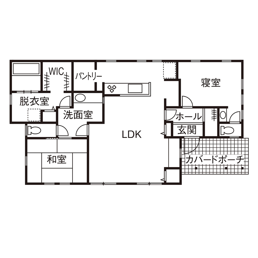  デザインハウス・エフ 【1000万円台/26坪/平屋/無垢材/間取り図有】ブルーの統一感が爽やかなアメリカンフラットハウスの間取り図（2LDK）1階