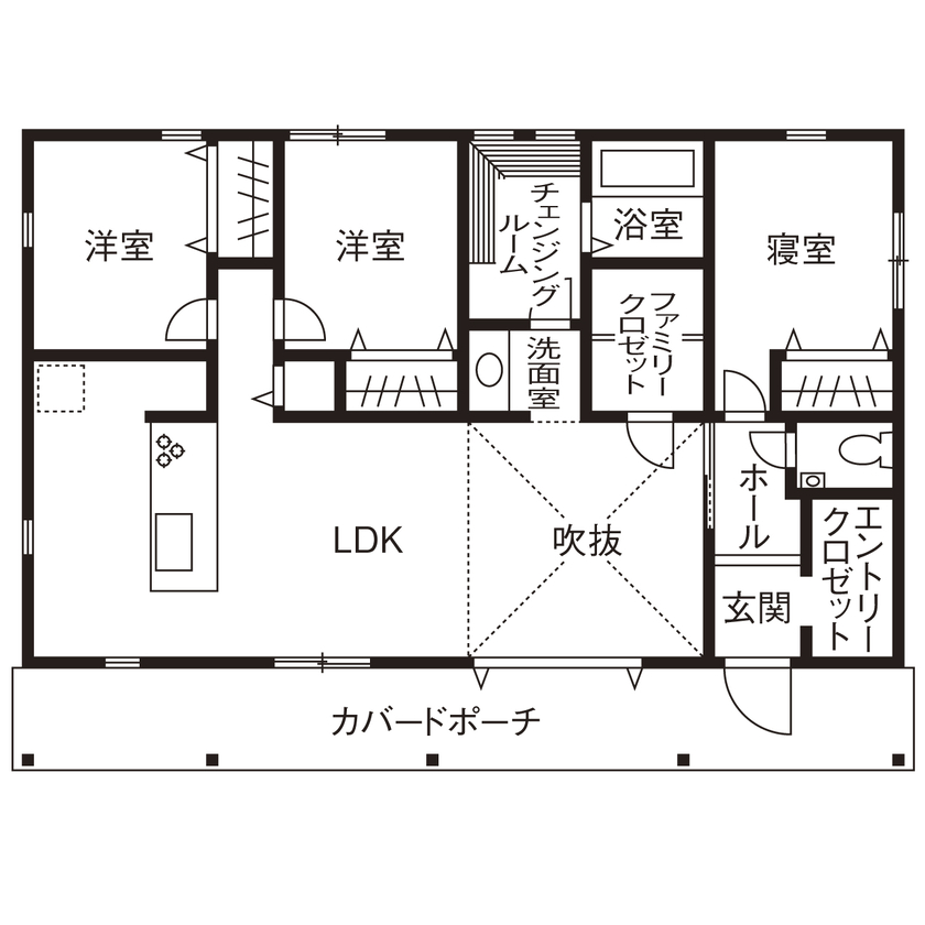  デザインハウス・エフ 【2000万円台/29坪台/平屋/間取り図あり】庭で遊ぶ子どもたちを眺めながら寛げるアメリカンハウスの間取り図（3LDK）1階