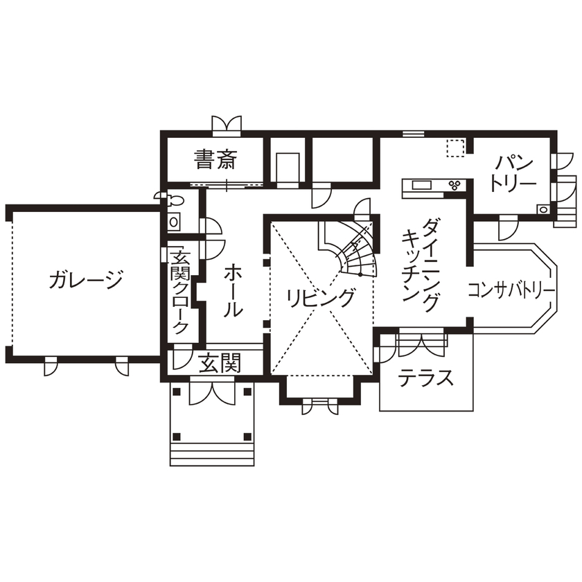 古川工務店 【5500万～5999万円・間取りあり】サーキュラー階段にコンサバトリー。エレガントな本格派輸入住宅を実現の間取り図（4LDK）1階