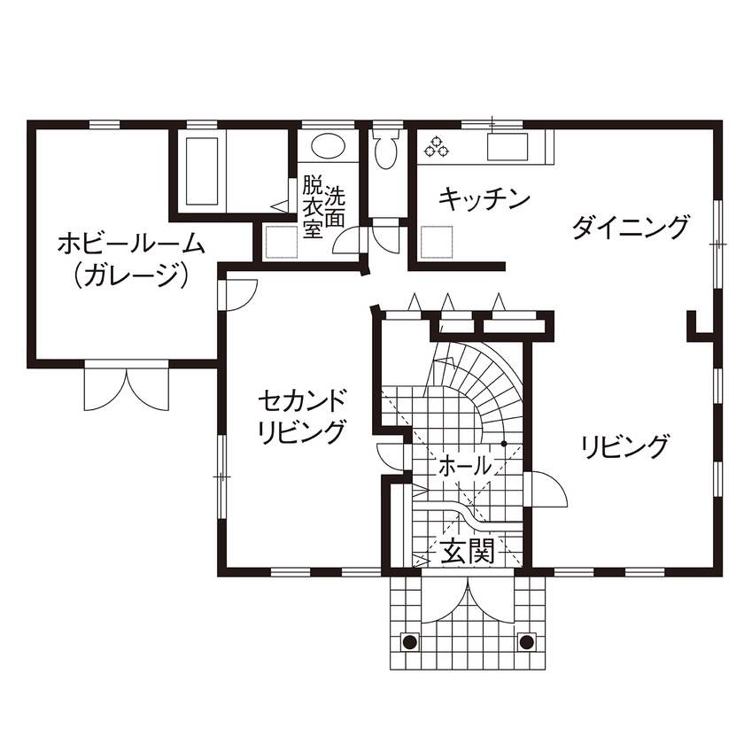 古川工務店 【2500万～2999万円/間取り図/サーキュラー階段/ガレージ】妻の想いが詰まった宮殿のような輸入住宅の間取り図（5K以上）1階