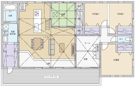 悠悠ホーム 【2500万円～2999万円で建てた家】爽やかな風が吹き抜ける平屋サーファーズハウス。外断熱工法で広い空間の間取り図（3LDK）1階