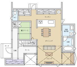悠悠ホーム 【2000万円～2500万円で建てた家】日本家屋を参考に自分達らしい「和モダン」 来客に重宝する土間のある家の間取り図（3LDK）1階