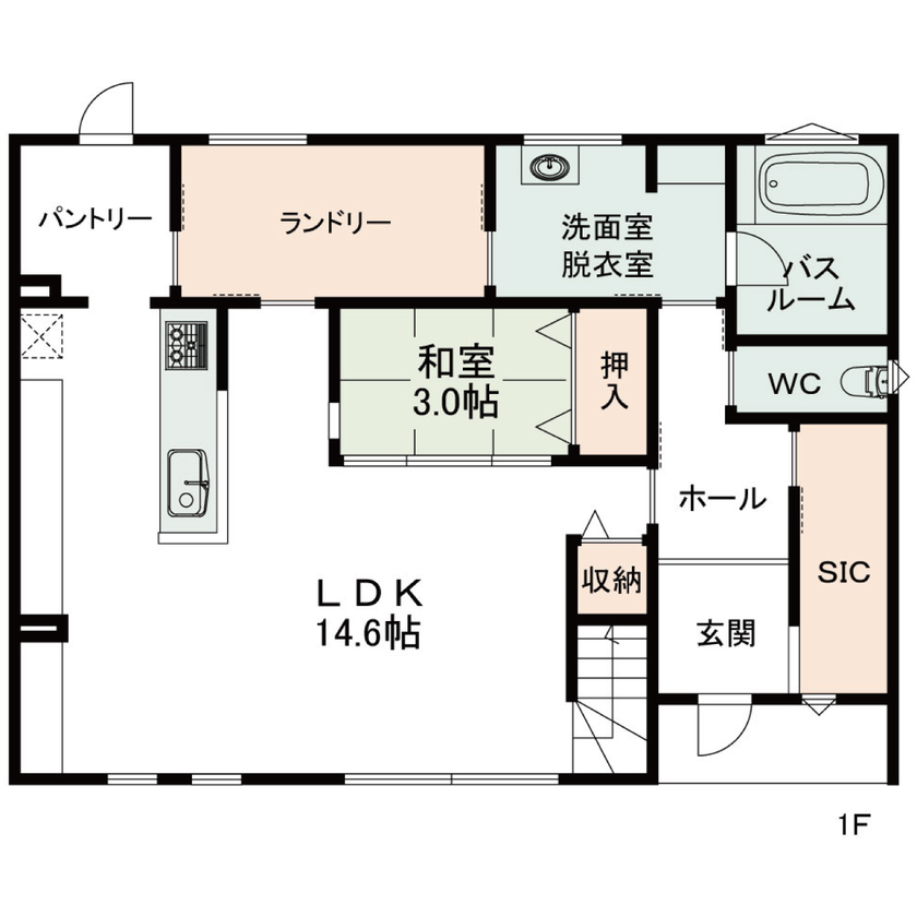 悠悠ホーム 【2600万円で建てた家／35坪／間取り図有】家事ラク動線+たっぷりの収納が嬉しい、ナチュラルテイストの家の間取り図（4LDK）1階
