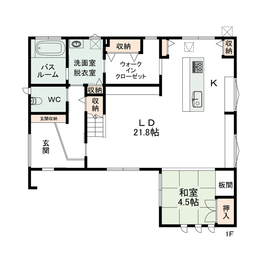 悠悠ホーム 【2700万円×36坪】家族6人が暮らせる家を予算内で。吹抜の大空間も「夏涼しく、冬暖かい」外断熱工法の家の間取り図（4LDK＋小屋裏収納）1階