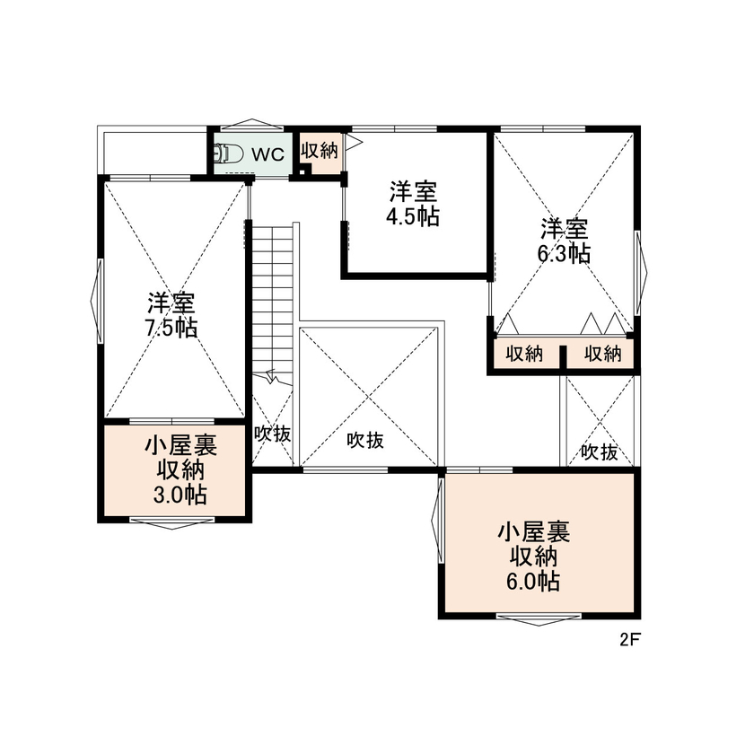悠悠ホーム 【2700万円×36坪】家族6人が暮らせる家を予算内で。吹抜の大空間も「夏涼しく、冬暖かい」外断熱工法の家の間取り図（4LDK＋小屋裏収納）2階