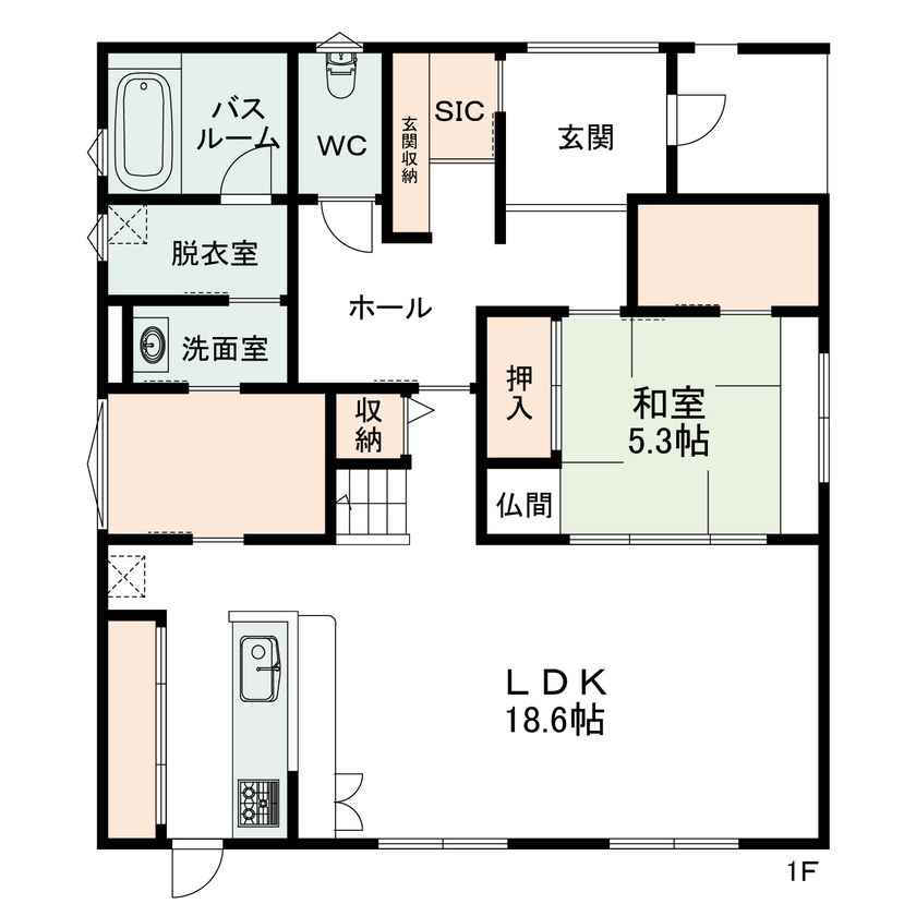 悠悠ホーム 【3,420万円×46坪】家族5人が健康に暮らす、ロフト付きブラック外壁の家の間取り図（5K以上）1階