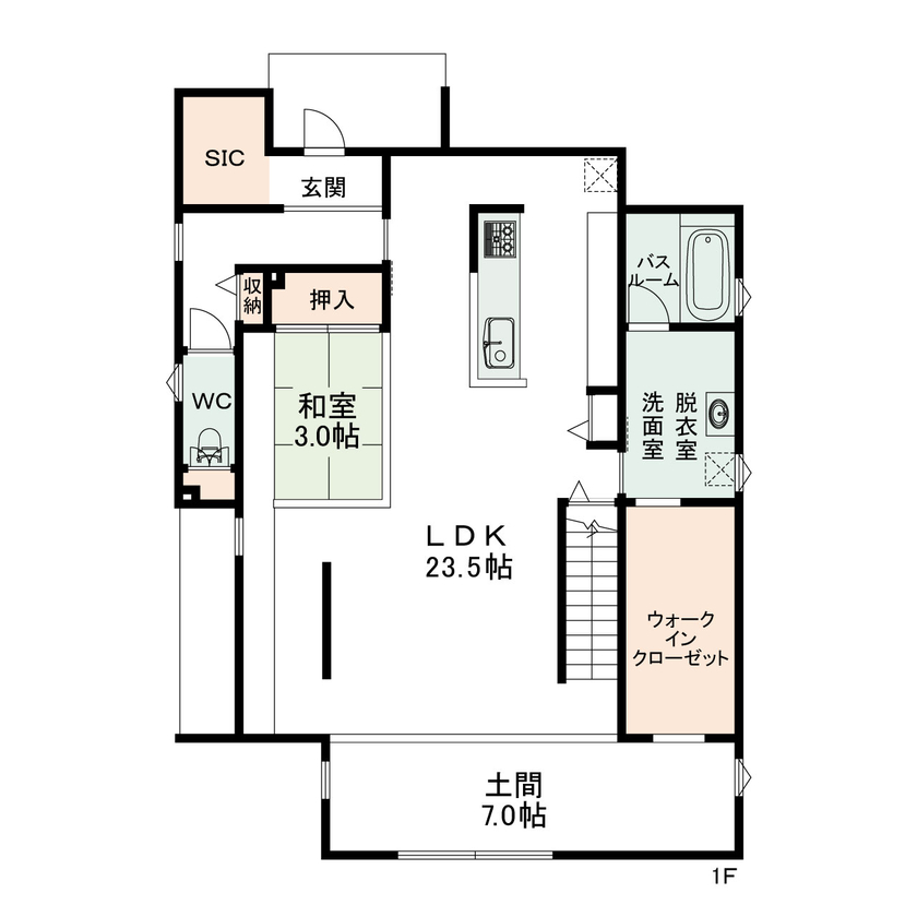 悠悠ホーム 【2,500万円～2,999万円×43坪】シンプルで機能的な暮らしを実現したナチュラルテイストの家の間取り図（5K以上）1階